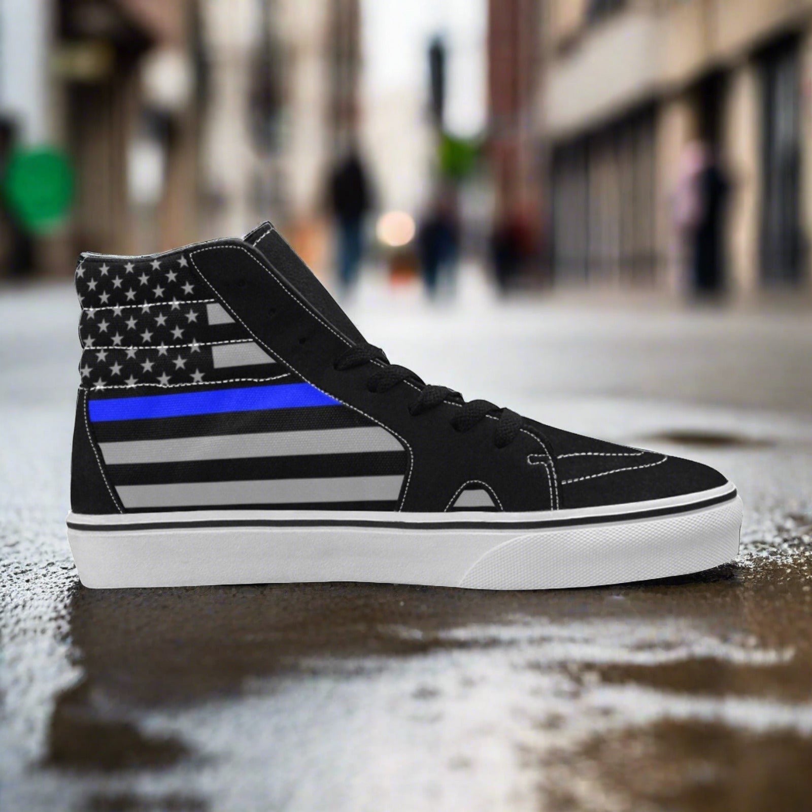 Men's Thin Blue Line Flag Themed high-top canvas shoes, custom full-wrap printed design — Freaky Shoes