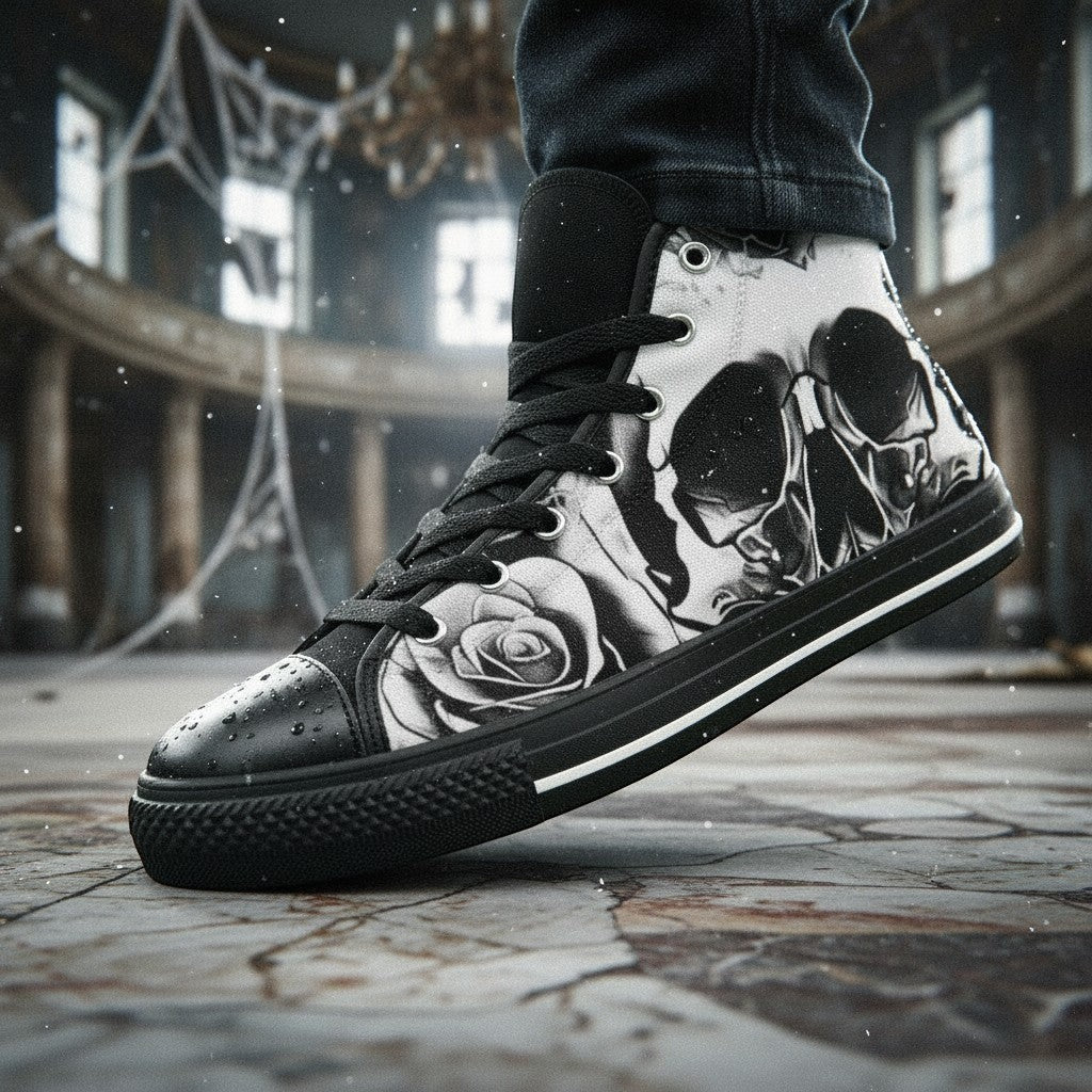 Women's Grey Skull & Roses Black & White custom high-top canvas shoes — wearable art by Freaky Shoes