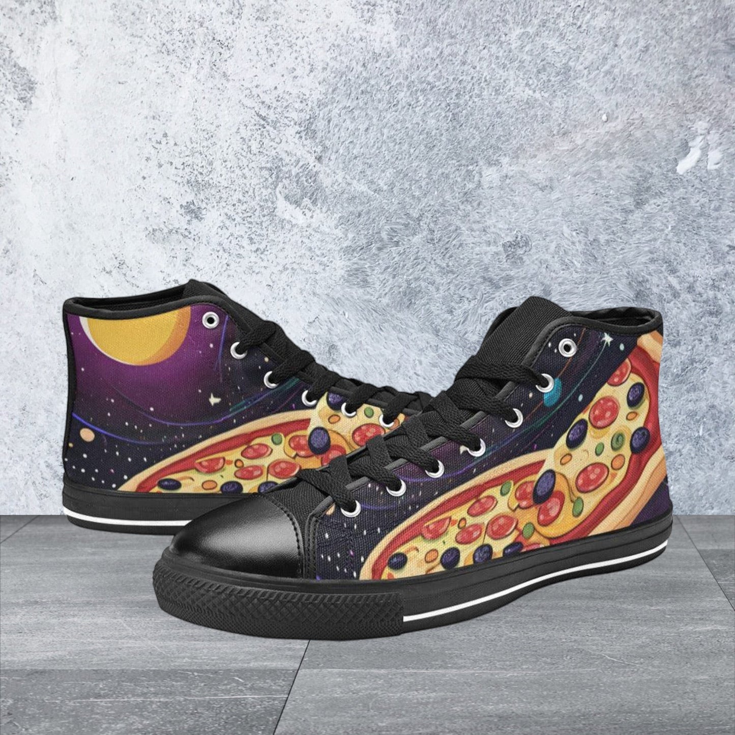 Women's Pizza Space high-top canvas shoes, custom full-wrap printed design — Freaky Shoes