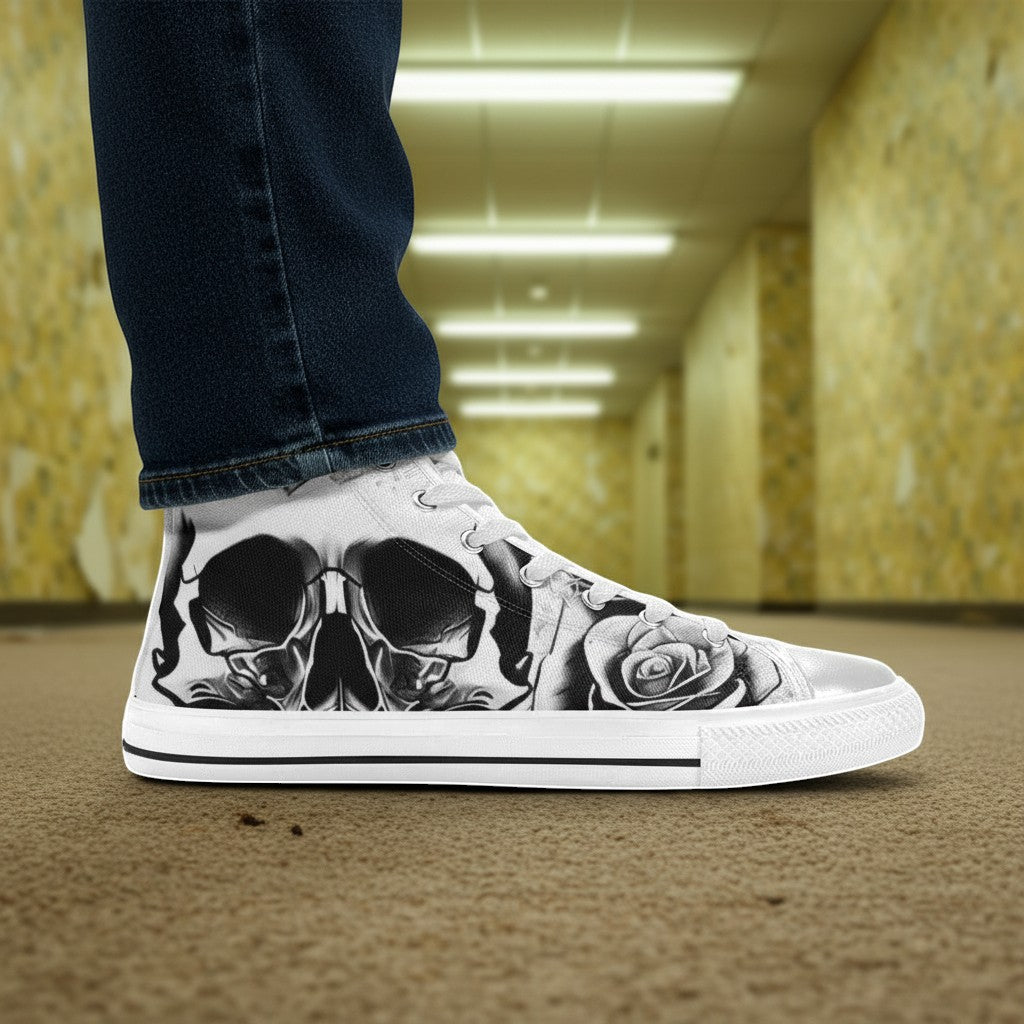 Men's Grey Skull & Roses Black & White custom high-top canvas shoes — wearable art by Freaky Shoes
