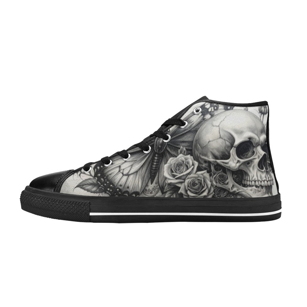 Grey Skull Roses Women's Dark Gothic Art High Top Canvas Shoes | Freaky Shoes®