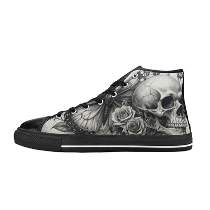 Grey Gothic Rose Skull Men's Dark Art High Top Canvas Shoes | Freaky Shoes®