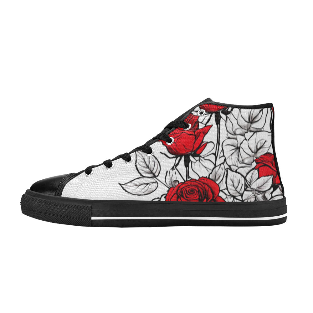 WOMEN'S Art Red Roses Pen High Top Canvas Vivid Custom Sneakers