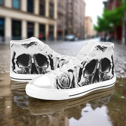 Custom Men's Grey Skull & Roses Black & White high-top canvas shoes with bold all-over art — Freaky Shoes