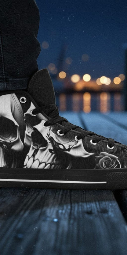 Custom Men's Greyscale Skulls & Roses Black & White high-top canvas shoes with bold all-over art — Freaky Shoes