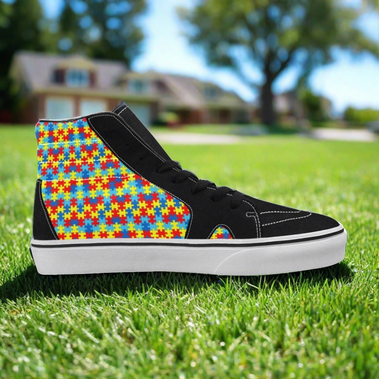 Women's Autism Awareness custom high-top canvas shoes — wearable art by Freaky Shoes