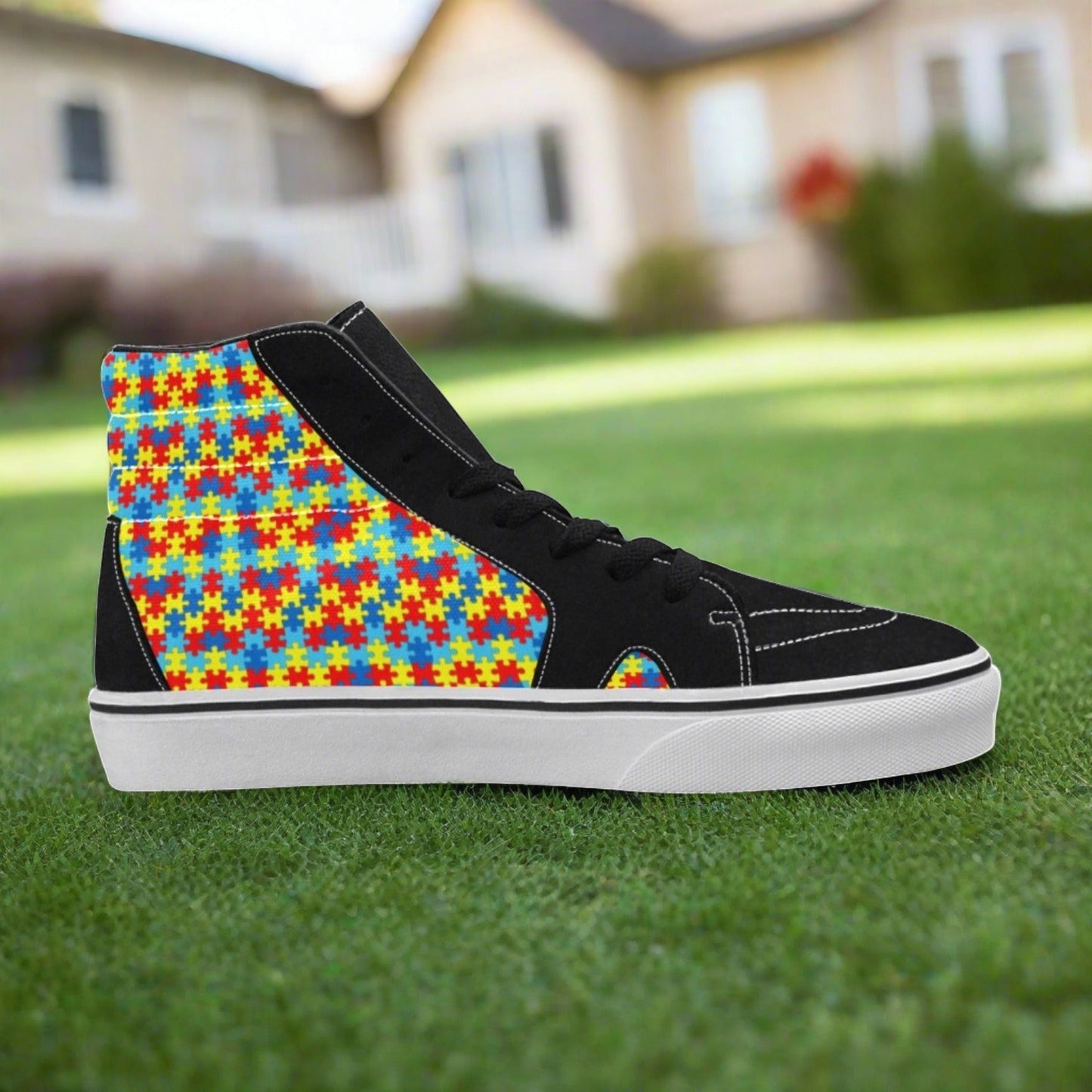 Men's Autism Awareness custom high-top canvas shoes — wearable art by Freaky Shoes