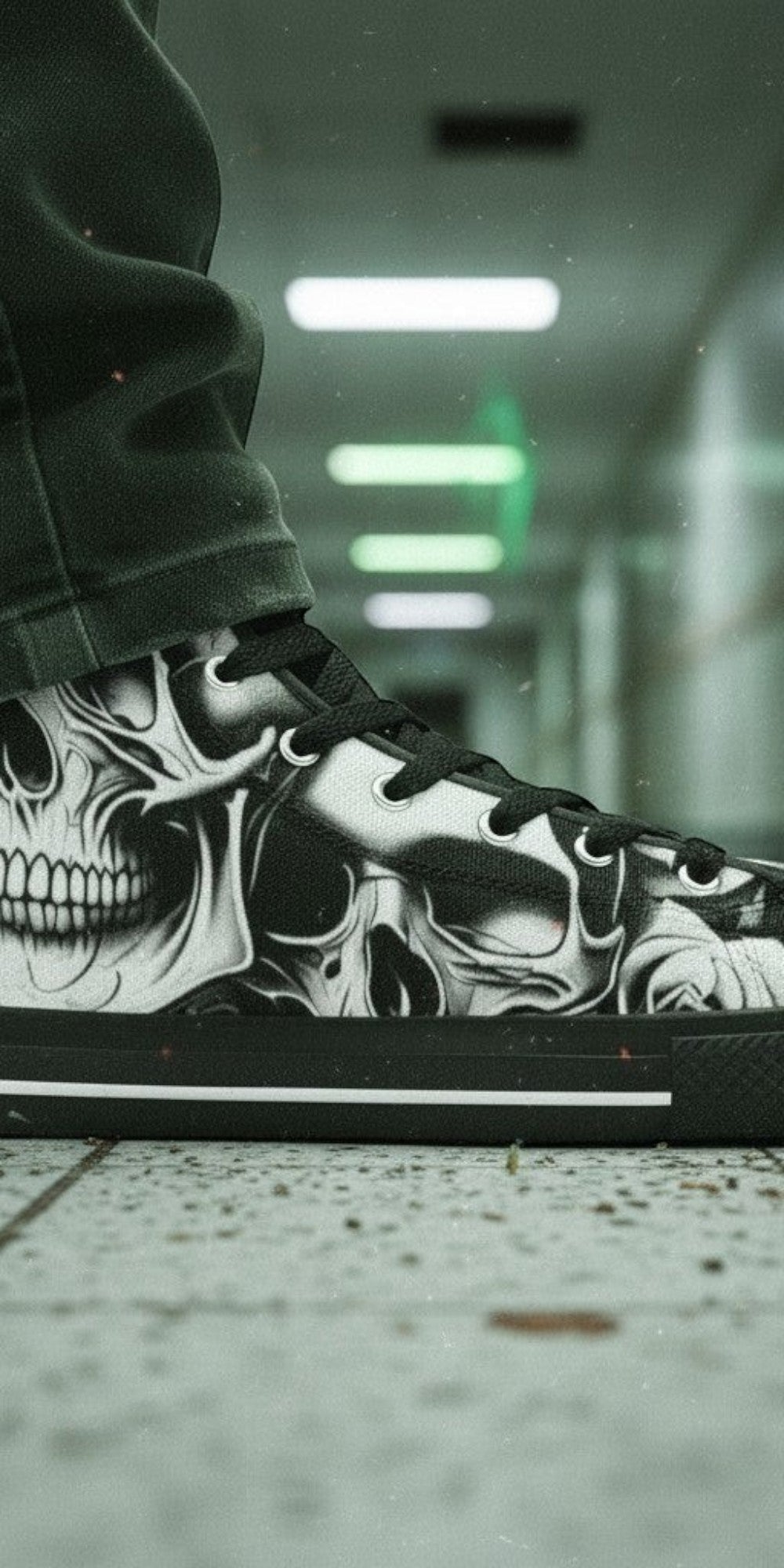 Men's Cartoon Skulls & Roses hand-made high-top canvas shoes — unique wearable art by Freaky Shoes