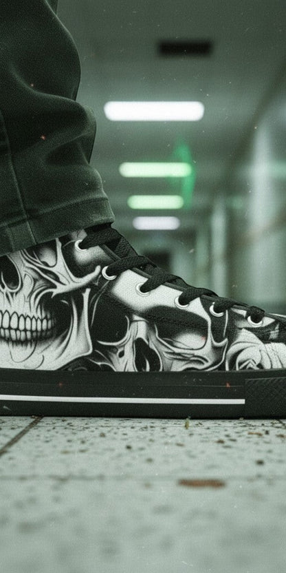 Men's Cartoon Skulls & Roses hand-made high-top canvas shoes — unique wearable art by Freaky Shoes