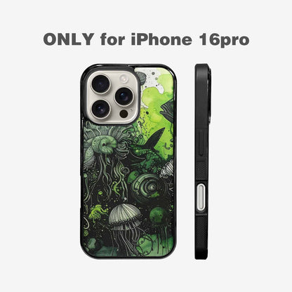 iPhone 16 Pro Case — Sea Creature Burst Black Green Ink, Original Design Phone Case