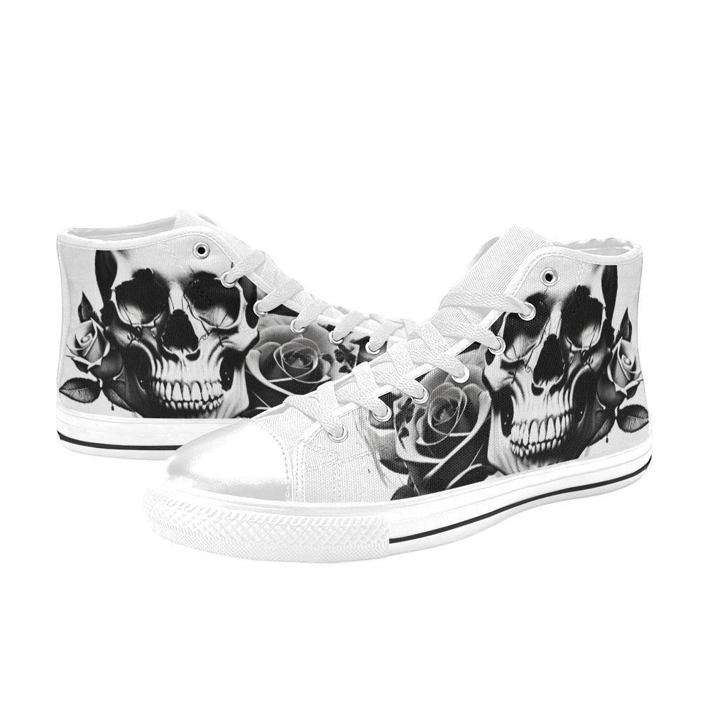 Freaky Shoes custom art sneakers with black and white skull and rose design, made to order