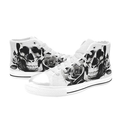 Freaky Shoes custom art sneakers with black and white skull and rose design, made to order