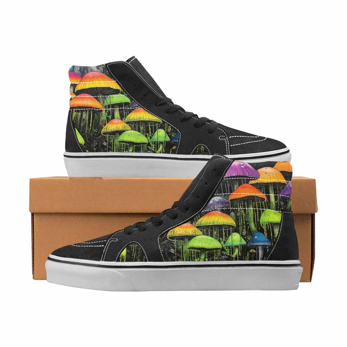 WOMEN'S Mushrooms Black & Green Ink High Top Canvas Statement Aesthetic Original Art Sneakers