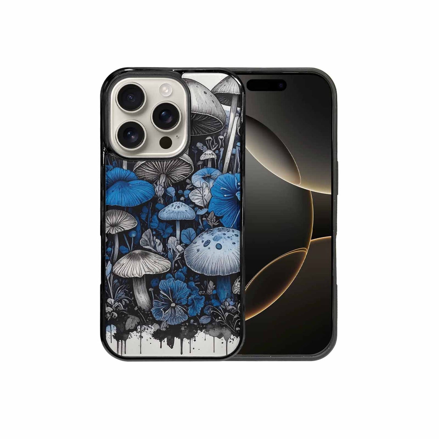 iPhone 16 Pro Case — Mushrooms General Black Blue Ink Mushrooms, Personalized Phone Case