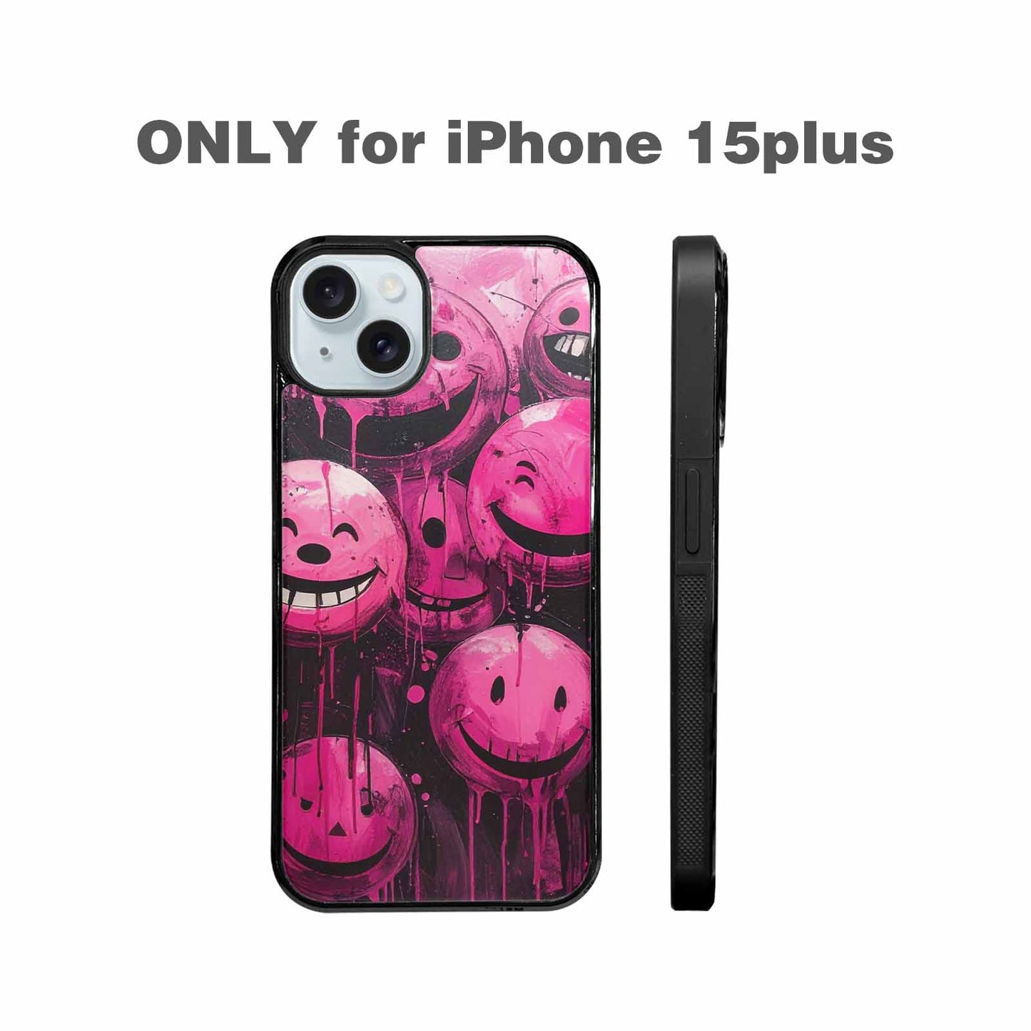 iPhone 15 Plus Case — Melting Moon Smiley Black Pink Ink, Unique Phone Case Design
