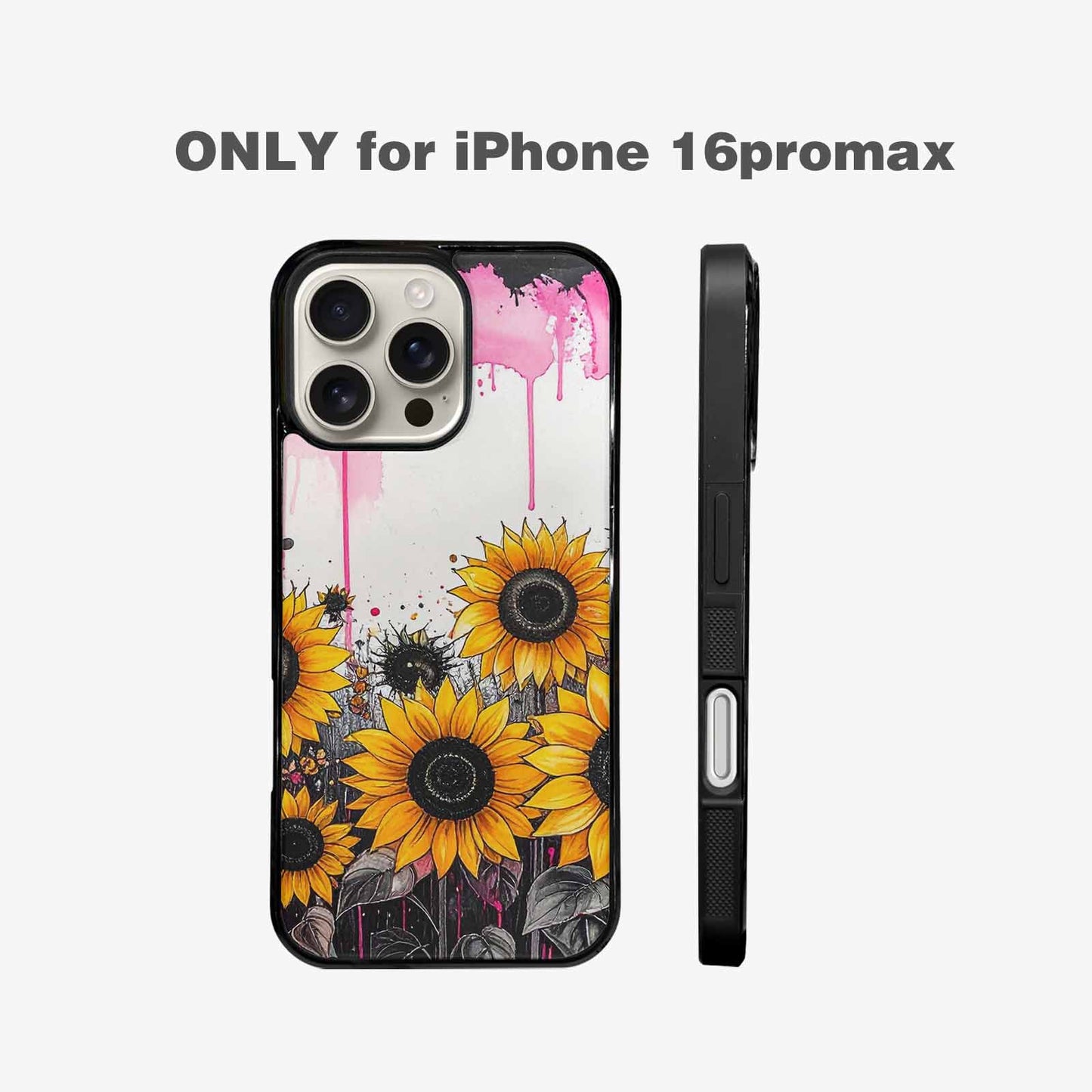 iPhone 16 Pro Max Case — Sunflower Burst Black Pink Ink Sunflowers, Custom Made Phone Cover