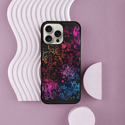 iPhone 16 Pro Max Case — Neon Glow Outline Icon Pattern Hundreds, Custom Designed Case Cover