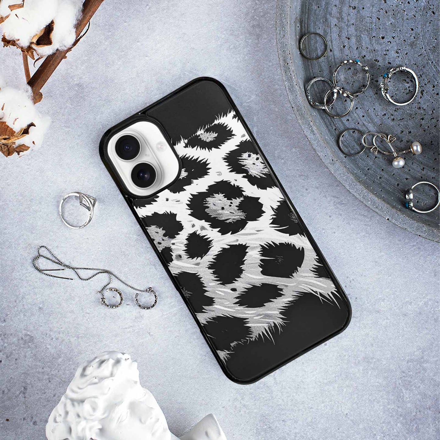iPhone 16 Plus Case — Leopard Print Black And White Style, Custom Phone Case