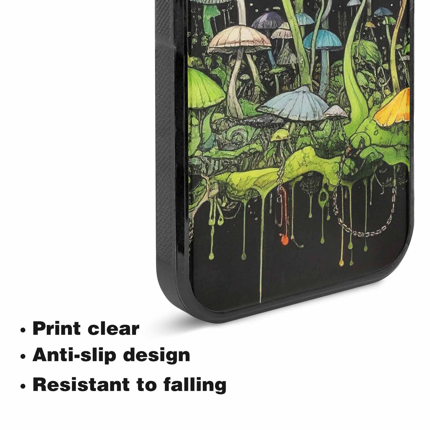 iPhone 15 Case — Rainbow Drip Mushrooms Black Green Ink, Custom Print Case Cover