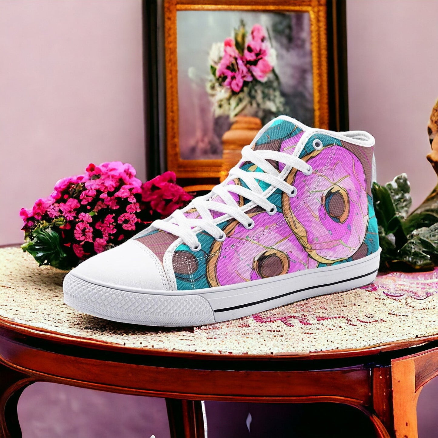 Donut Art high-top canvas shoes, custom full-wrap printed design — Freaky Shoes