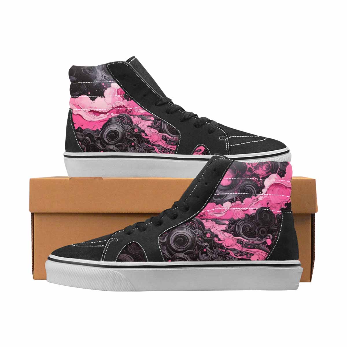 WOMEN'S Van Gogh Black & Pink Ink High Top Canvas One Of A Kind Surreal Custom Sneakers