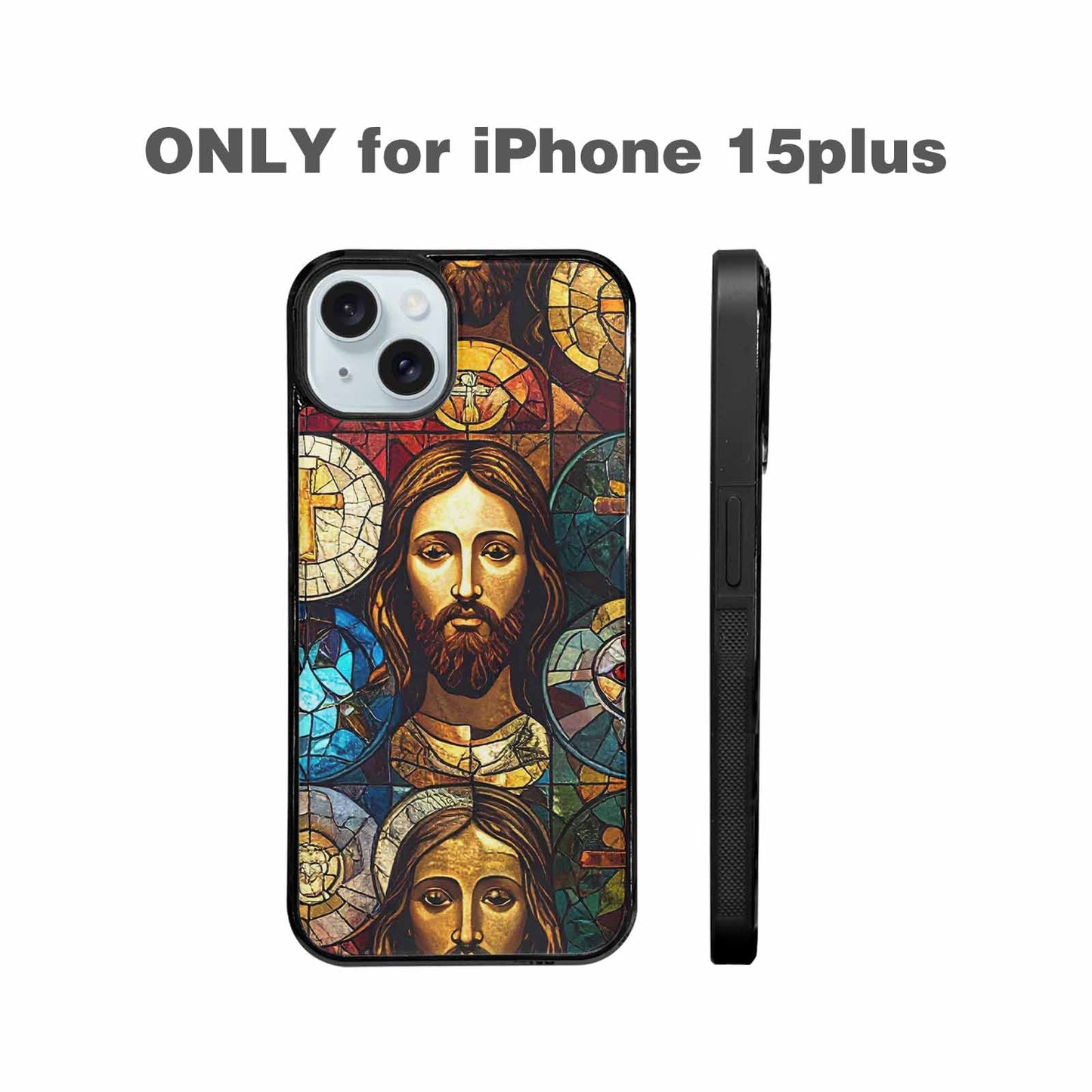 iPhone 15 Plus Case — Jesus Face Small Cross And Faith, Custom Printed Phone Case