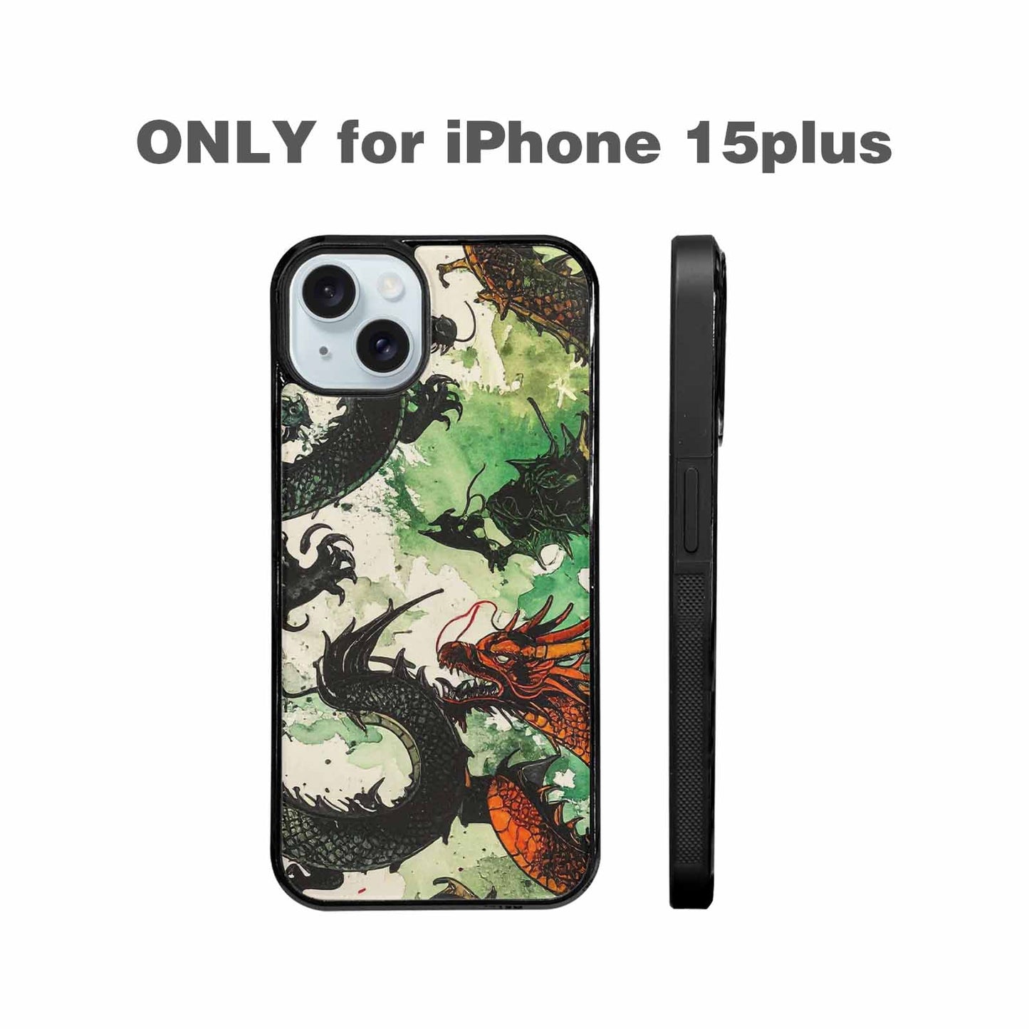 iPhone 15 Plus Case — Dragon Scale Black Green Ink Dragons, Personalized Phone Case