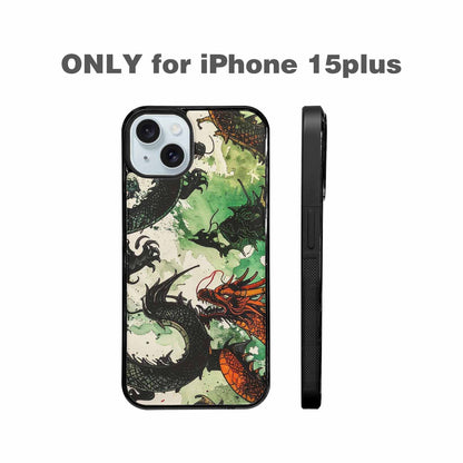 iPhone 15 Plus Case — Dragon Scale Black Green Ink Dragons, Personalized Phone Case