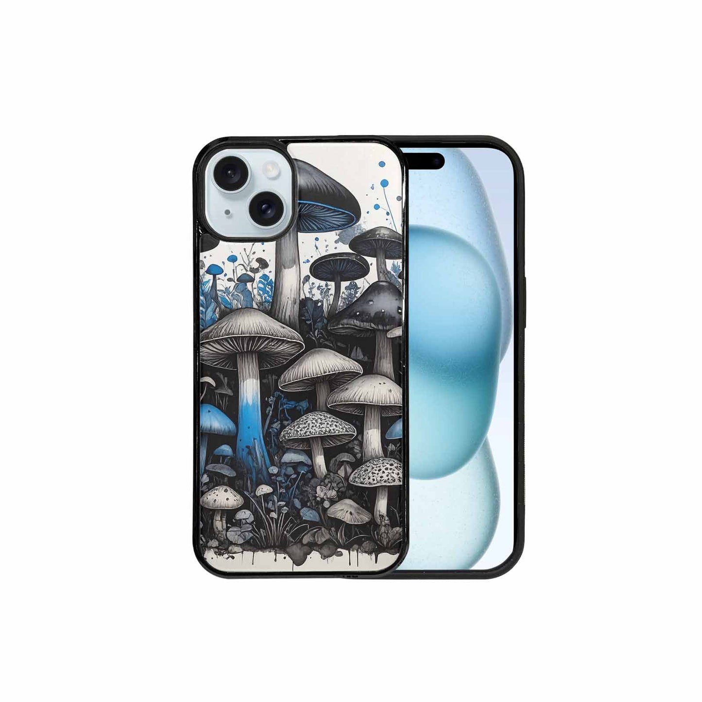 iPhone 15 Plus Case — Mushrooms General Black Blue Ink Mushrooms, Unique Phone Case Design