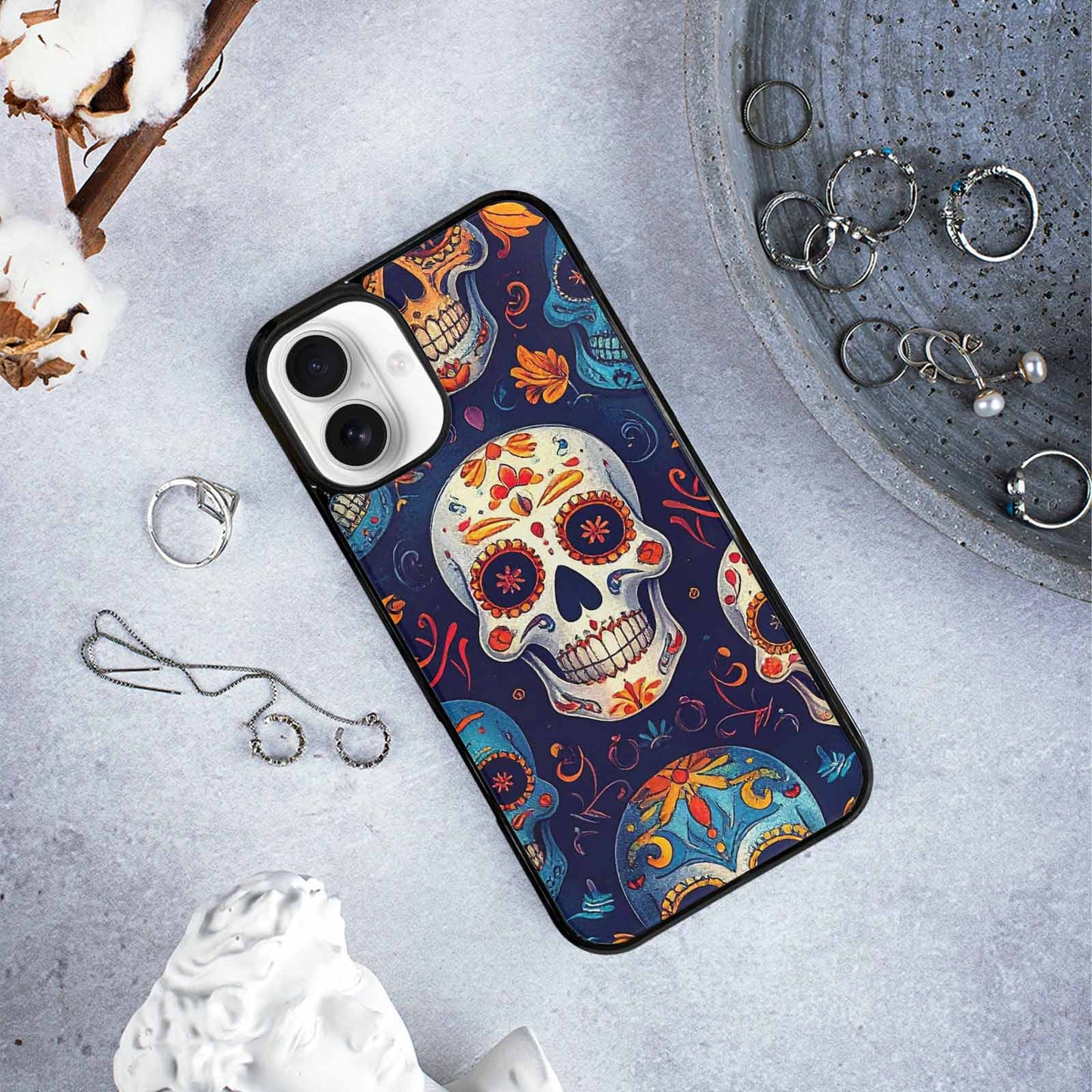 iPhone 16 Plus Case — Day Dead Sugar Skull Art 100s, Custom Printed Phone Case