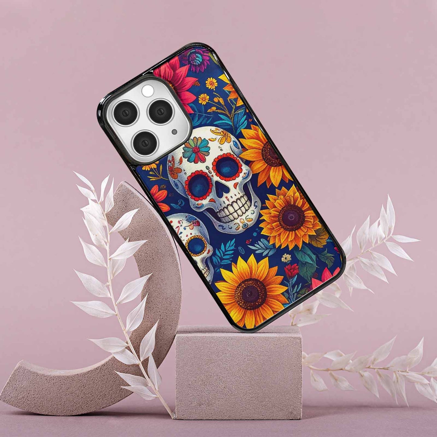 iPhone 15 Pro Max Case — Sunflower Skulls Print Custom, Original Design Phone Case