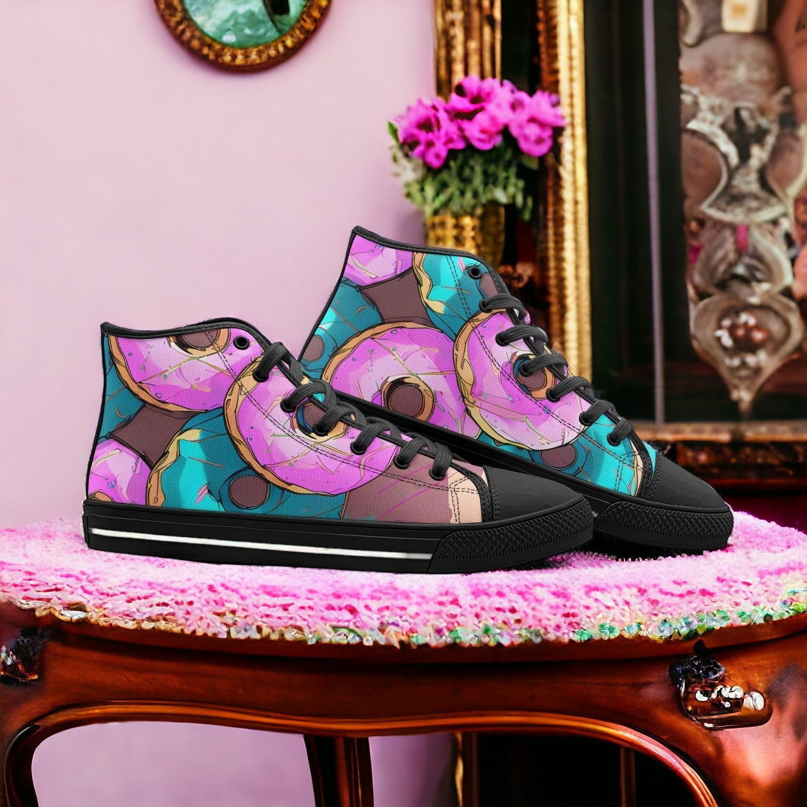 Donut Art hand-made high-top canvas shoes — unique wearable art by Freaky Shoes