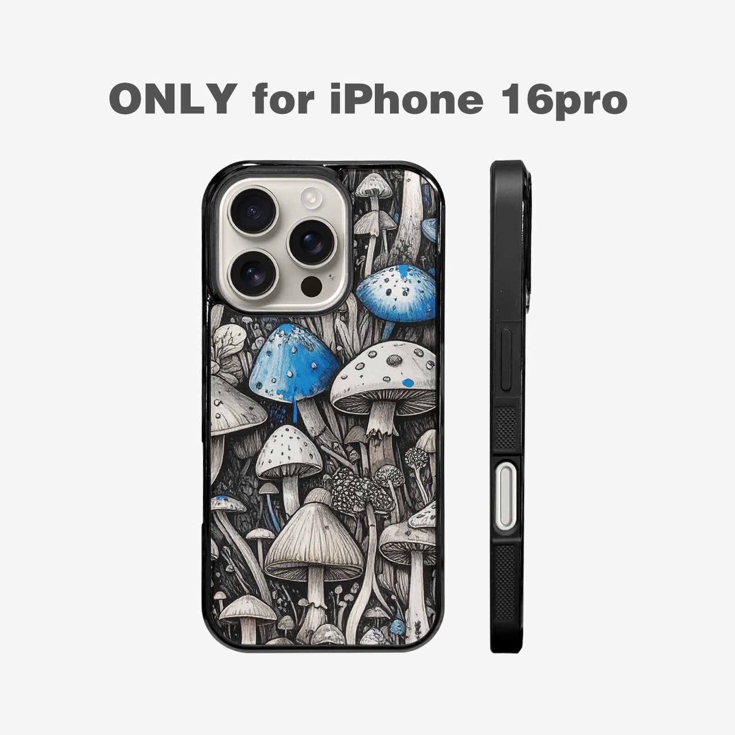 iPhone 16 Pro Case — Mushrooms General Black Blue Ink Mushrooms, Custom Art Phone Cover