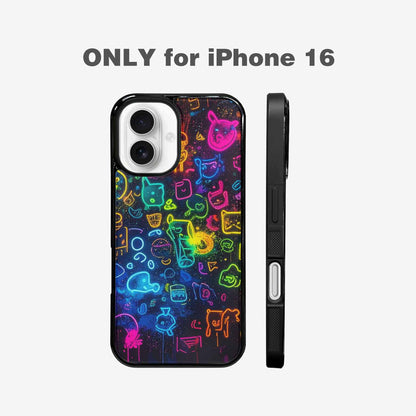 iPhone 16 Case — Neon Glow Outline Icon Pattern Hundreds, Custom Printed Phone Case
