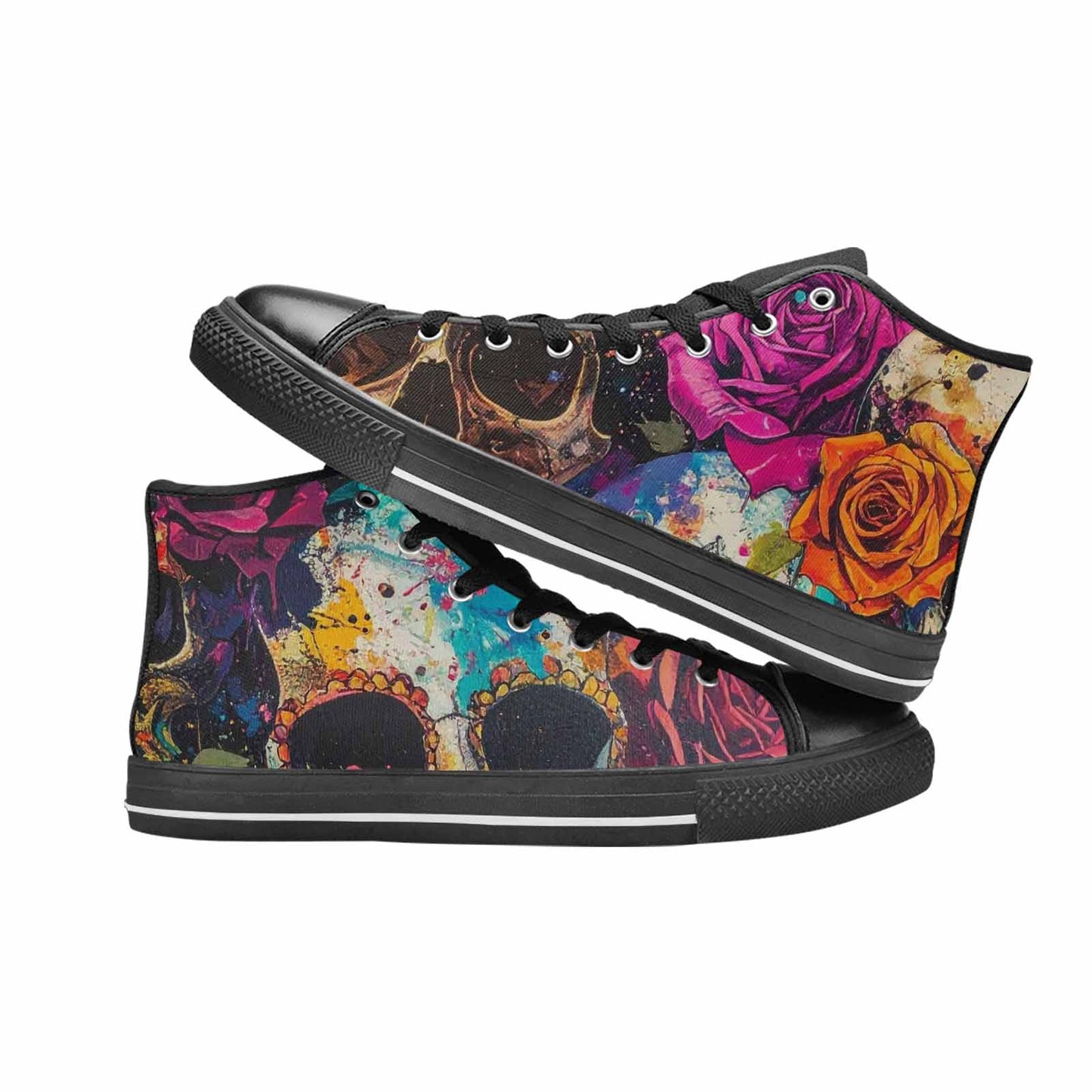MEN'S Skulls Roses Acid Wash High Top Canvas Grunge Shoes