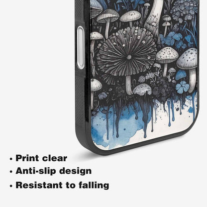 iPhone 16 Case — Mushrooms General Black Blue Ink Mushrooms, Custom Print Case Cover
