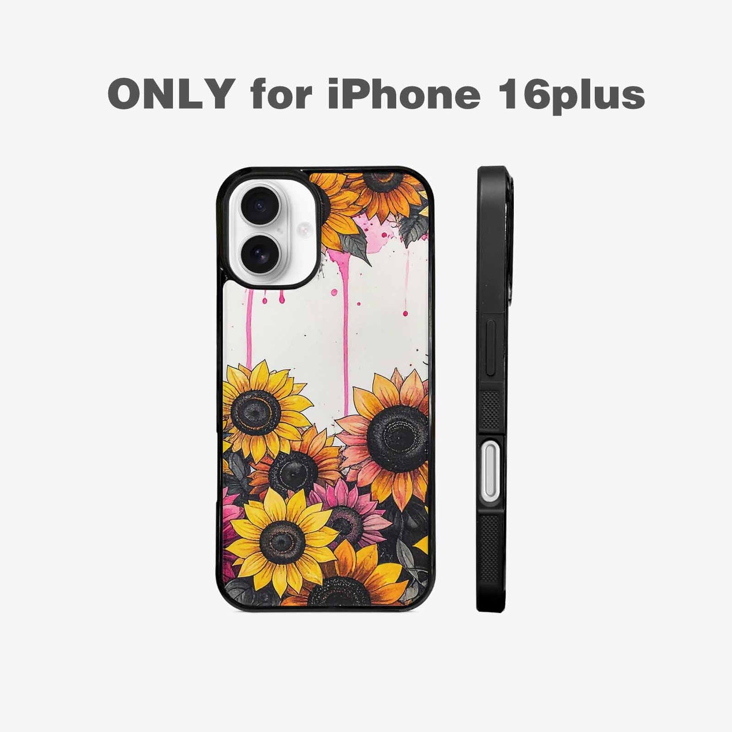 iPhone 16 Plus Case — Sunflower Burst Black Pink Ink Sunflowers, Custom Art Phone Cover