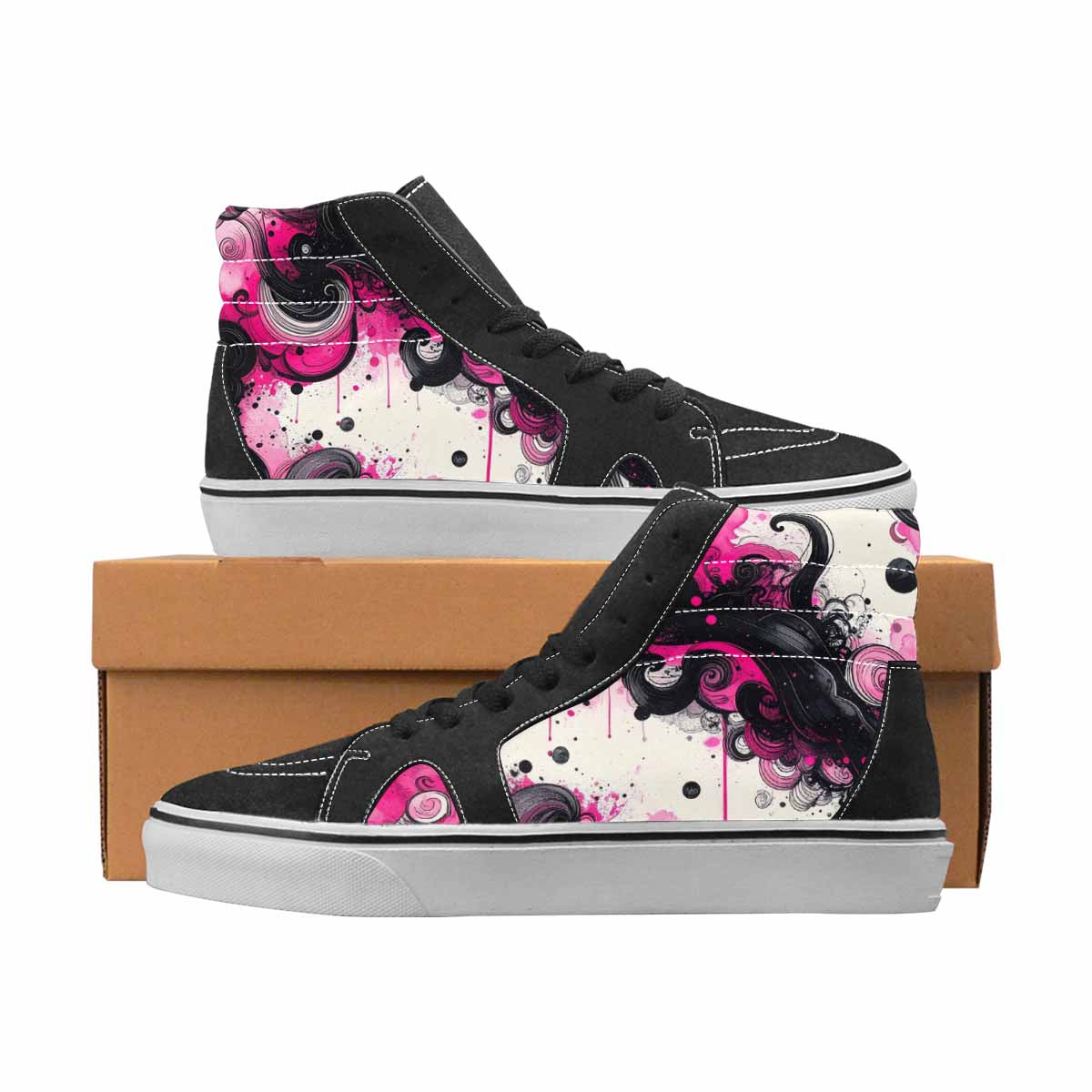 WOMEN'S Van Gogh Black & Pink Ink High Top Canvas One Of A Kind Surreal Customized Sneakers