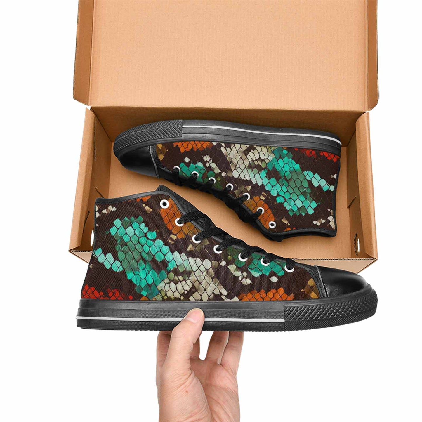 WOMEN'S Dark Snake Print High Top Canvas Vibrant Chaos Custom Sneakers