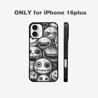 iPhone 16 Plus Case — Black And White Monster Face Collage, Custom Print Case Cover
