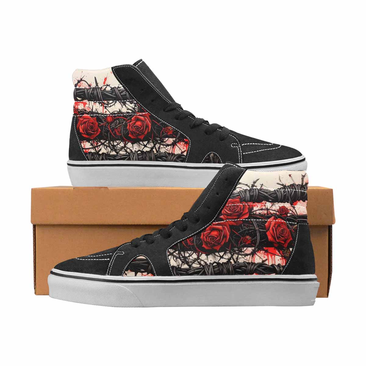 WOMEN'S Barbed Wire Black & Red Ink High Top Canvas Personalized Grunge Shoes