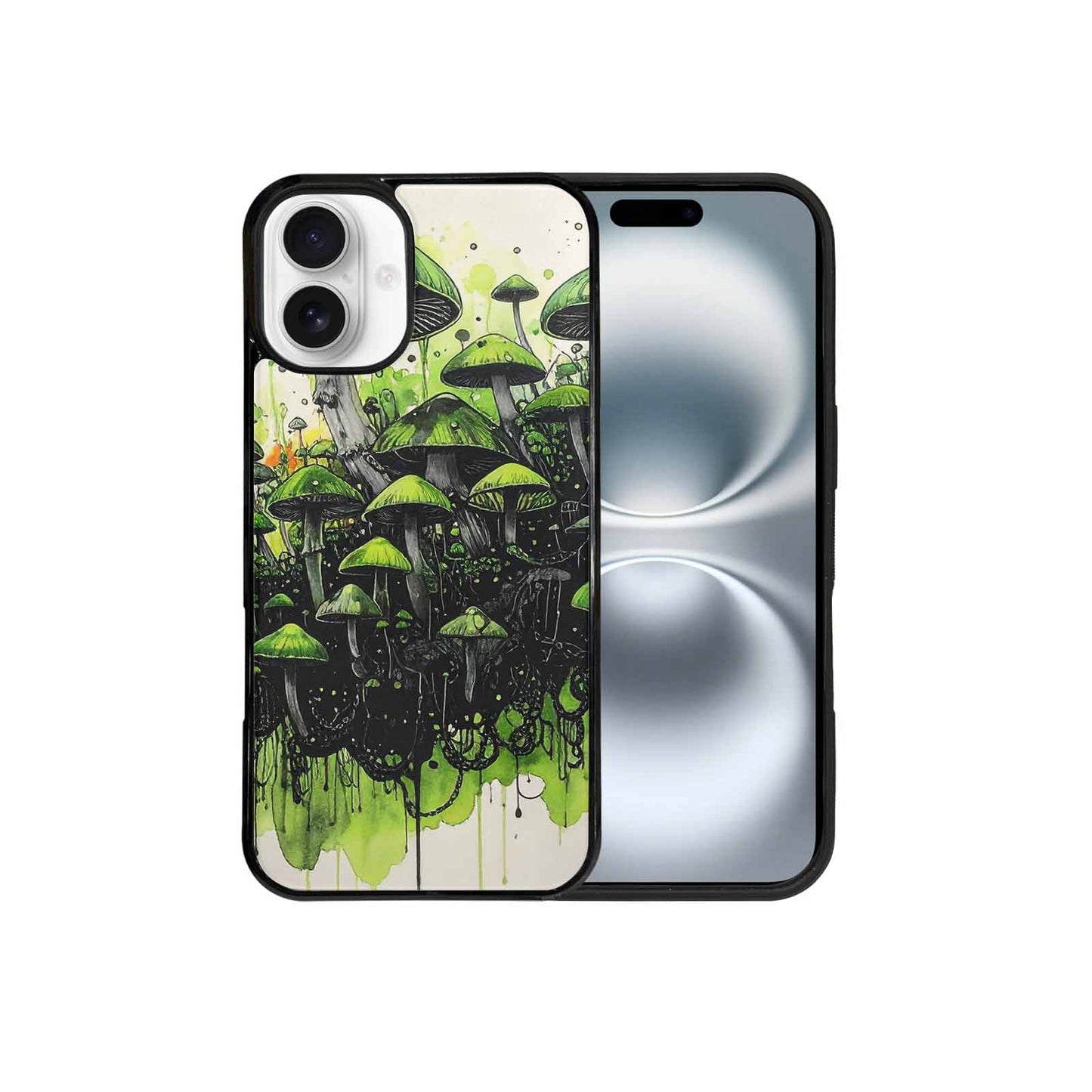iPhone 16 Plus Case — Rainbow Drip Mushrooms Black Green Ink, Custom Phone Case