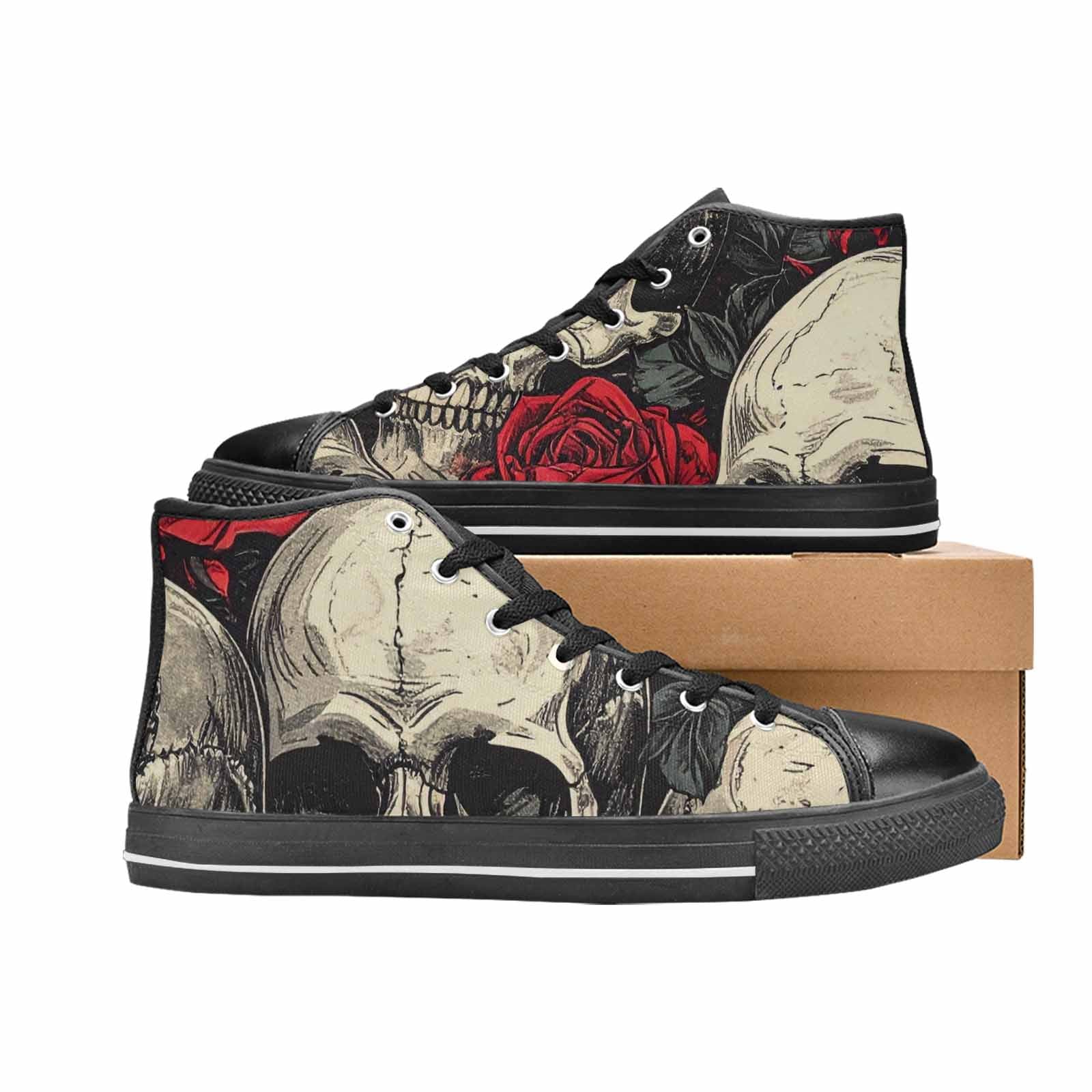 WOMEN'S Skulls Roses Bold Pen Ink High Top Canvas Wallpaper Art Sneakers
