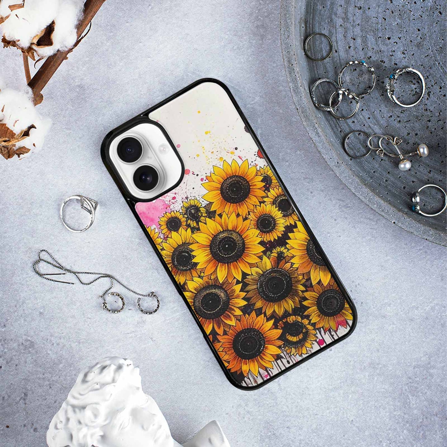 iPhone 16 Plus Case — Sunflower Burst Black Pink Ink Sunflowers, Custom Art Phone Cover