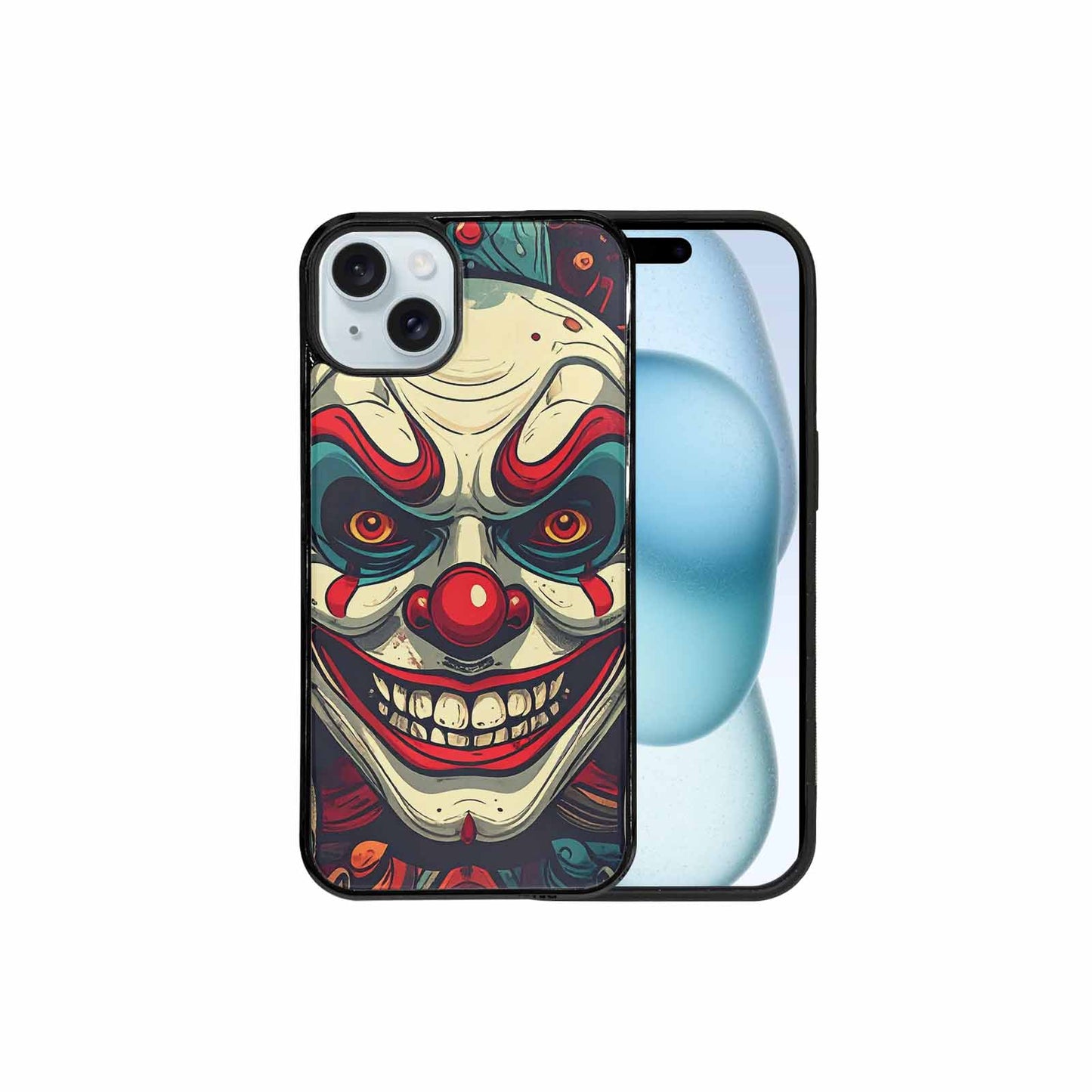iPhone 15 Plus Case — Evil Circus Heads Faces Overlapping Patterns, Original Design Phone Case