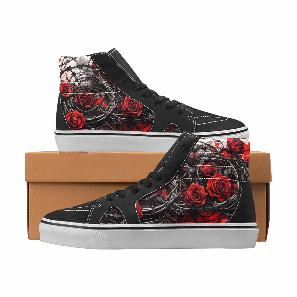 WOMEN'S Barbed Wire Black & Red Ink High Top Canvas Personalized Grunge Custom Print Sneakers
