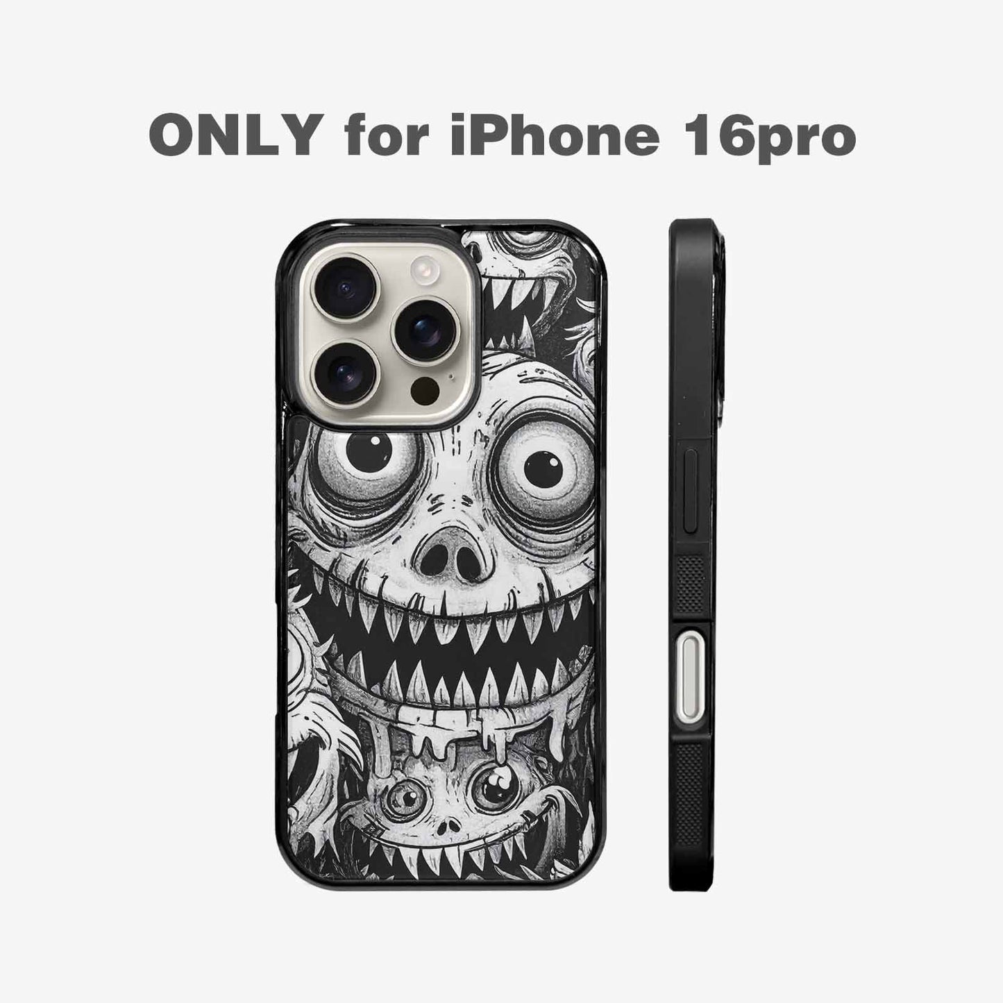 iPhone 16 Pro Case — Black And White Monster Face Collage, Custom Art Phone Cover