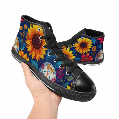 MEN'S Sunflower Skulls Print High Top Canvas Neon Fantasy Custom Shoes