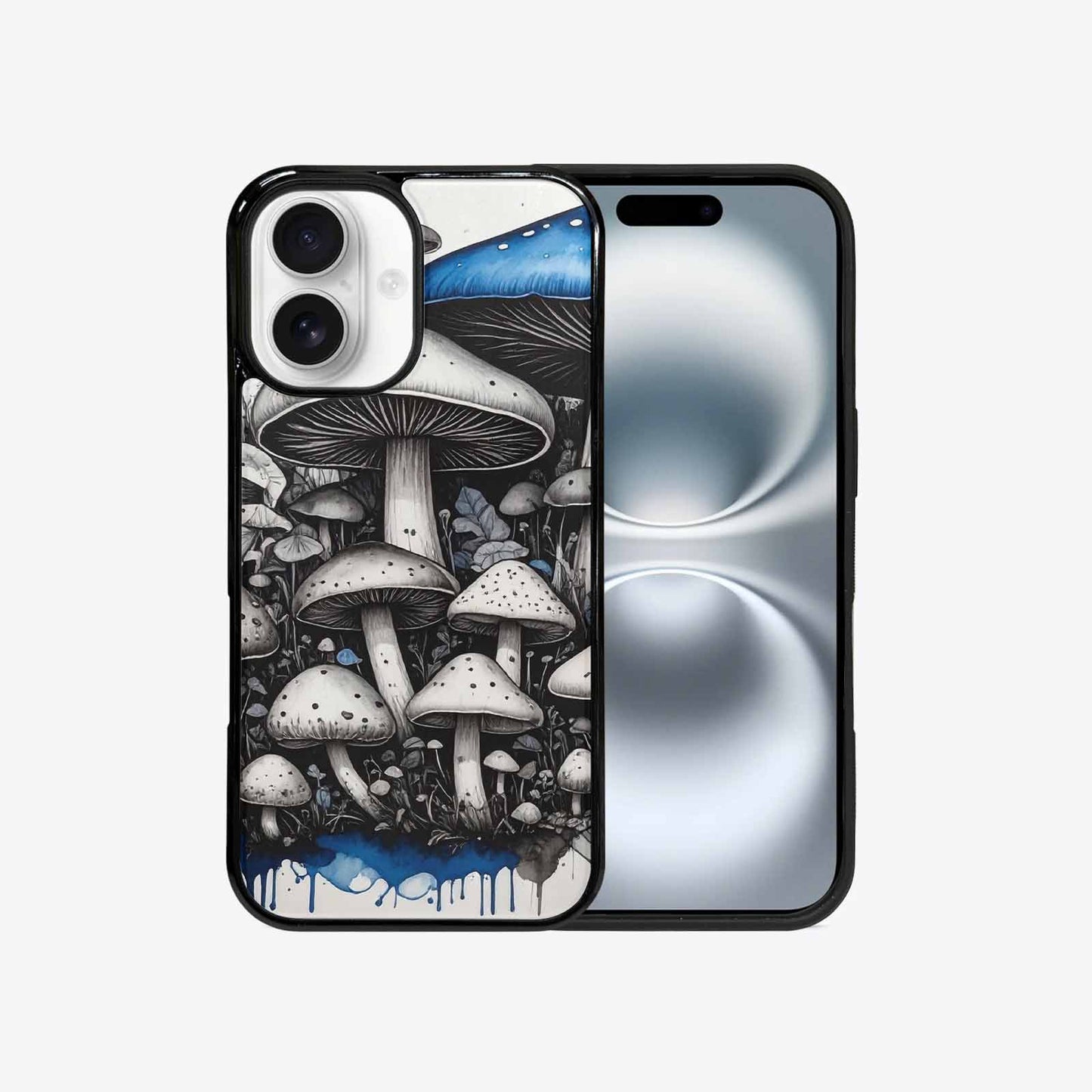 iPhone 16 Case — Mushrooms General Black Blue Ink Mushrooms, Unique Phone Case Design