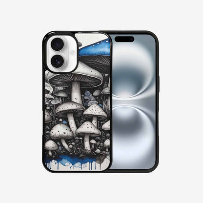 iPhone 16 Case — Mushrooms General Black Blue Ink Mushrooms, Unique Phone Case Design